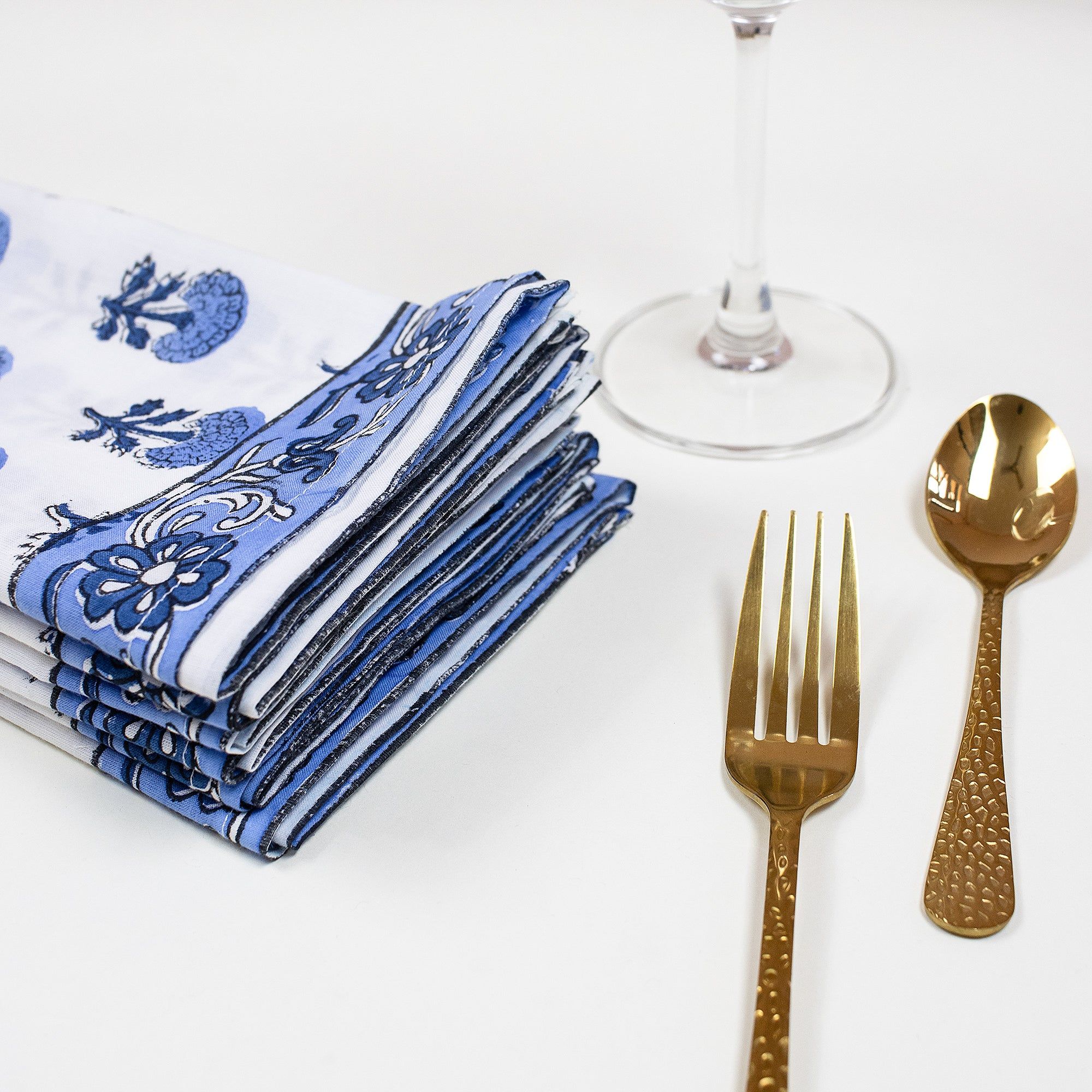 Hand Rumal Block Blue Floral Print Cotton Napkins